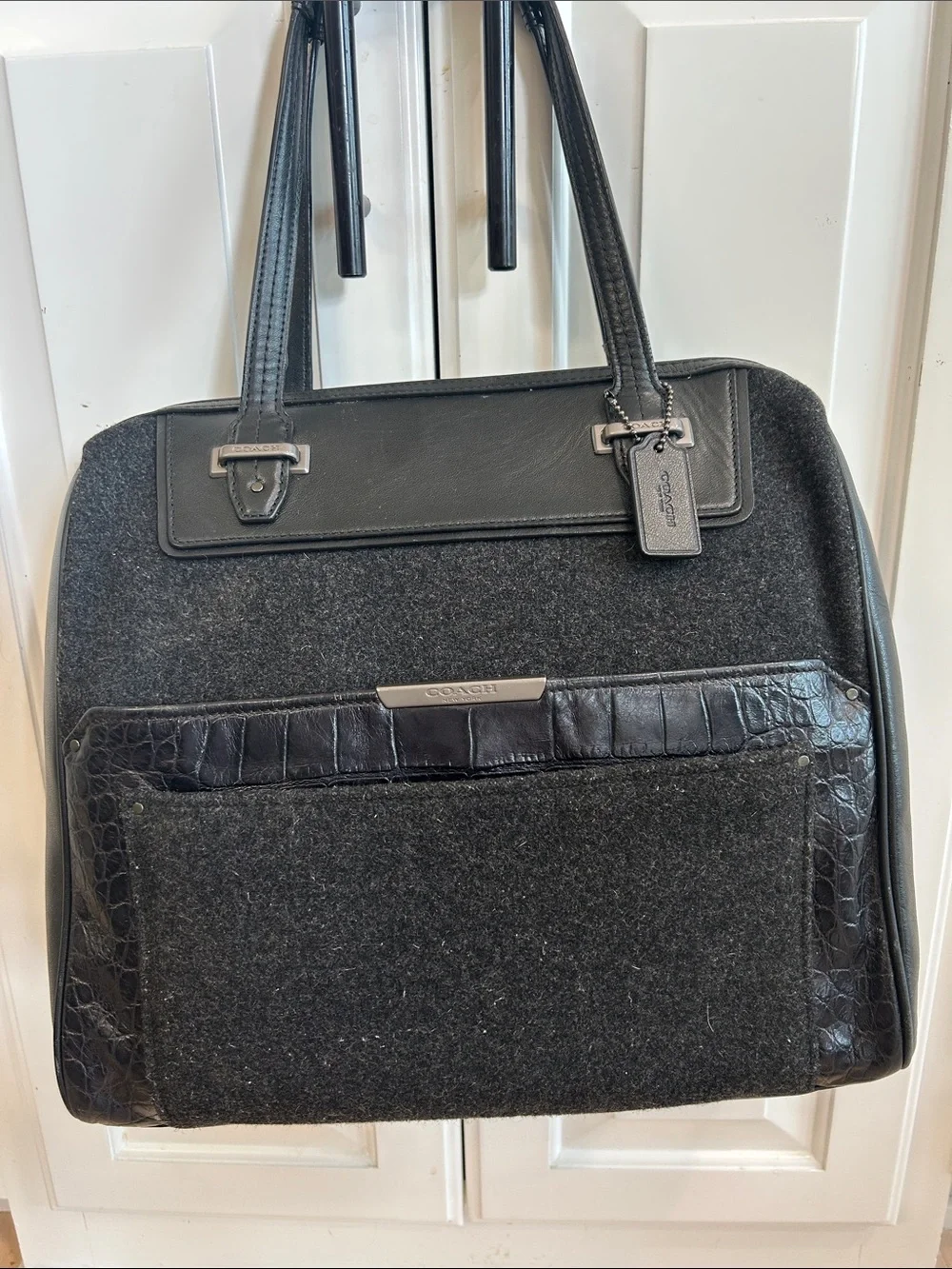 Coach Black Leather & Wool Laptop Tote